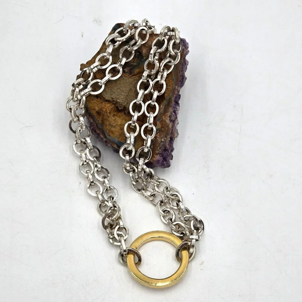 Napier Multi Tone Heavy Link Double Chain 16" Necklace w/ Gold Circle Pendant - Picture 5 of 7